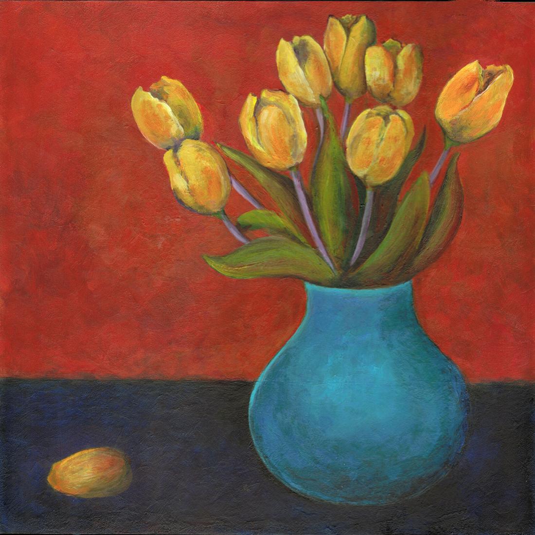 Complementary colors feature prominently in this floral still life. Painted on cradled wood panel.