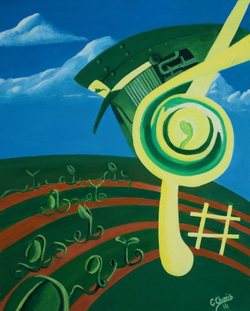 Agriculture in B Flat is a celebration of Maryland Agriculture and Baltimore Symphony Orchestra. An abstract and surreal juxtaposition of musical symbology with agricultural land scape and machine. Part of the "Sight of Music" series