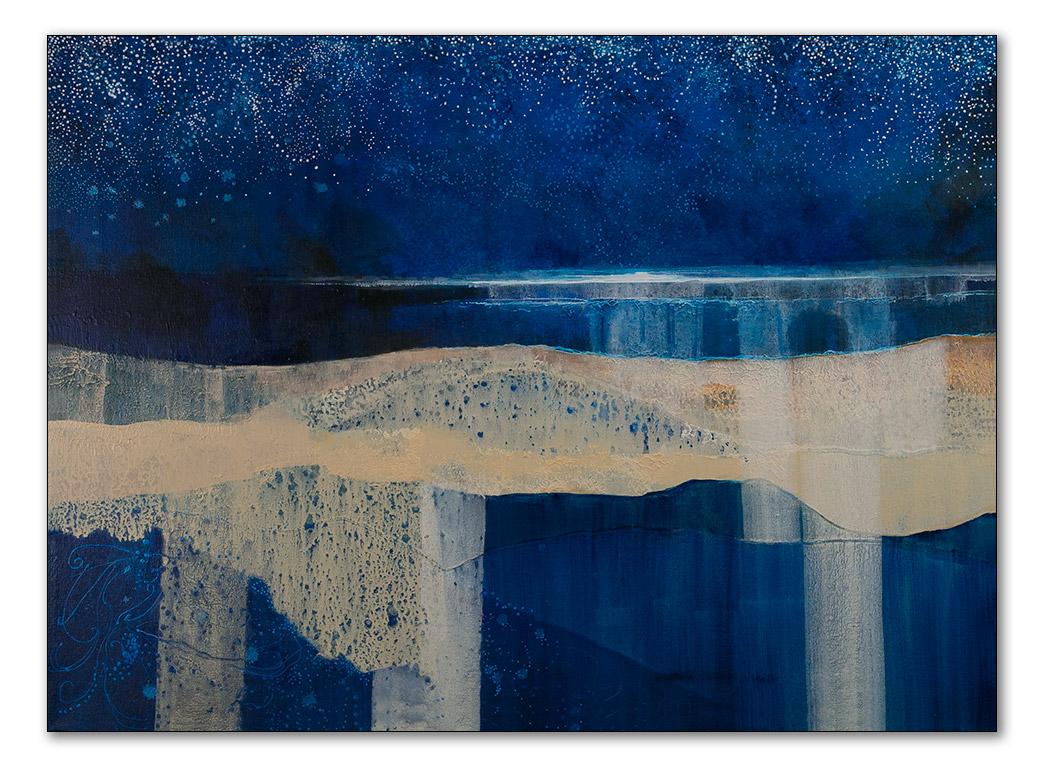 My ongoing interest is the changing feel and mood of the beach and its patterns. This painting is of the beach as the first morning light appears on the horizon and retreating surf leaves pattern in the sand.