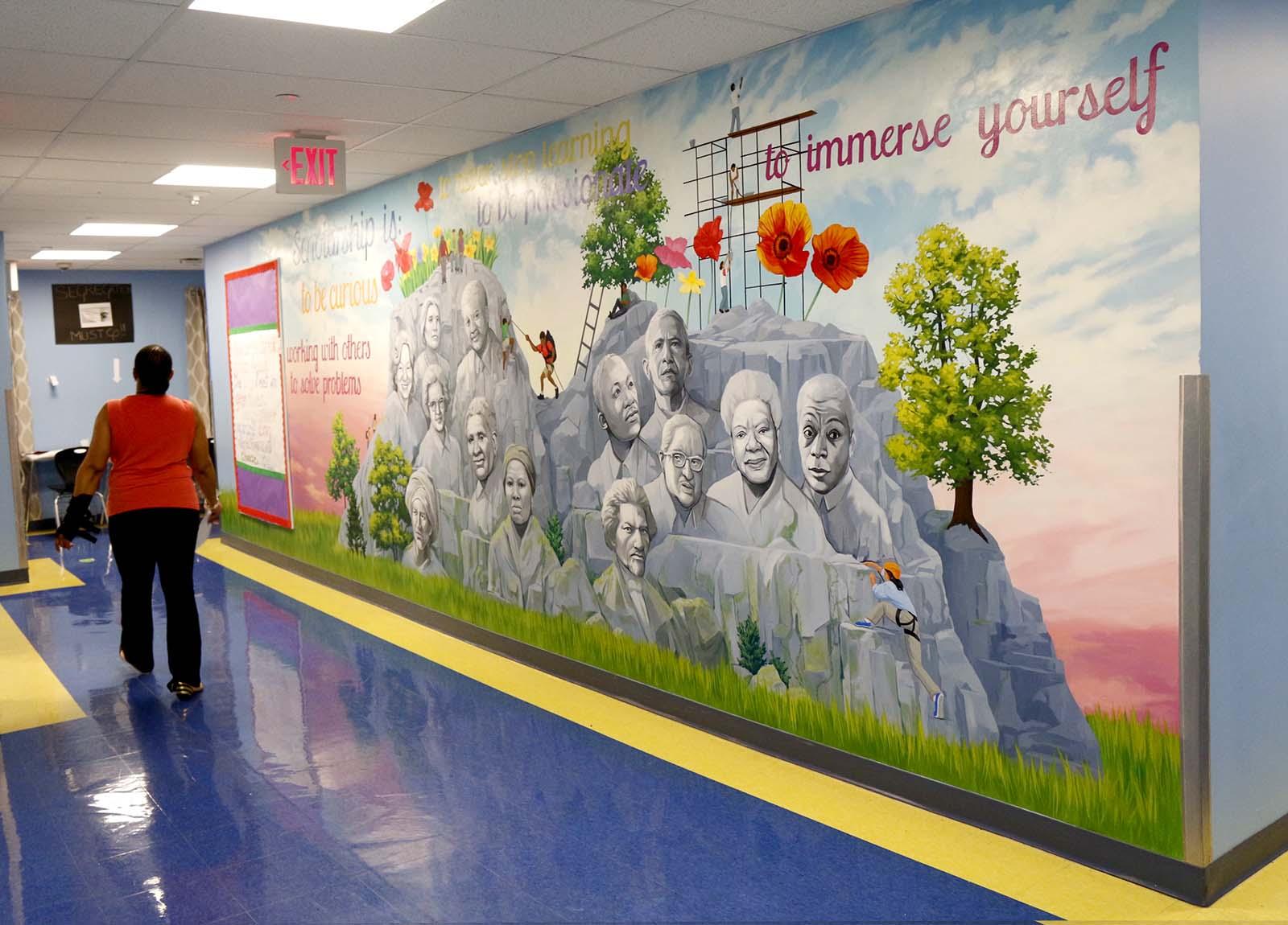 Mural in collaboration with The Childrens' Guild DC Charter 6th grade class to identify scholars students were researching and represent them on the wall. The goal was to redefine who might be considered a hero or scholar in the foundation of our country, using Mount Rushmore as a metaphor.