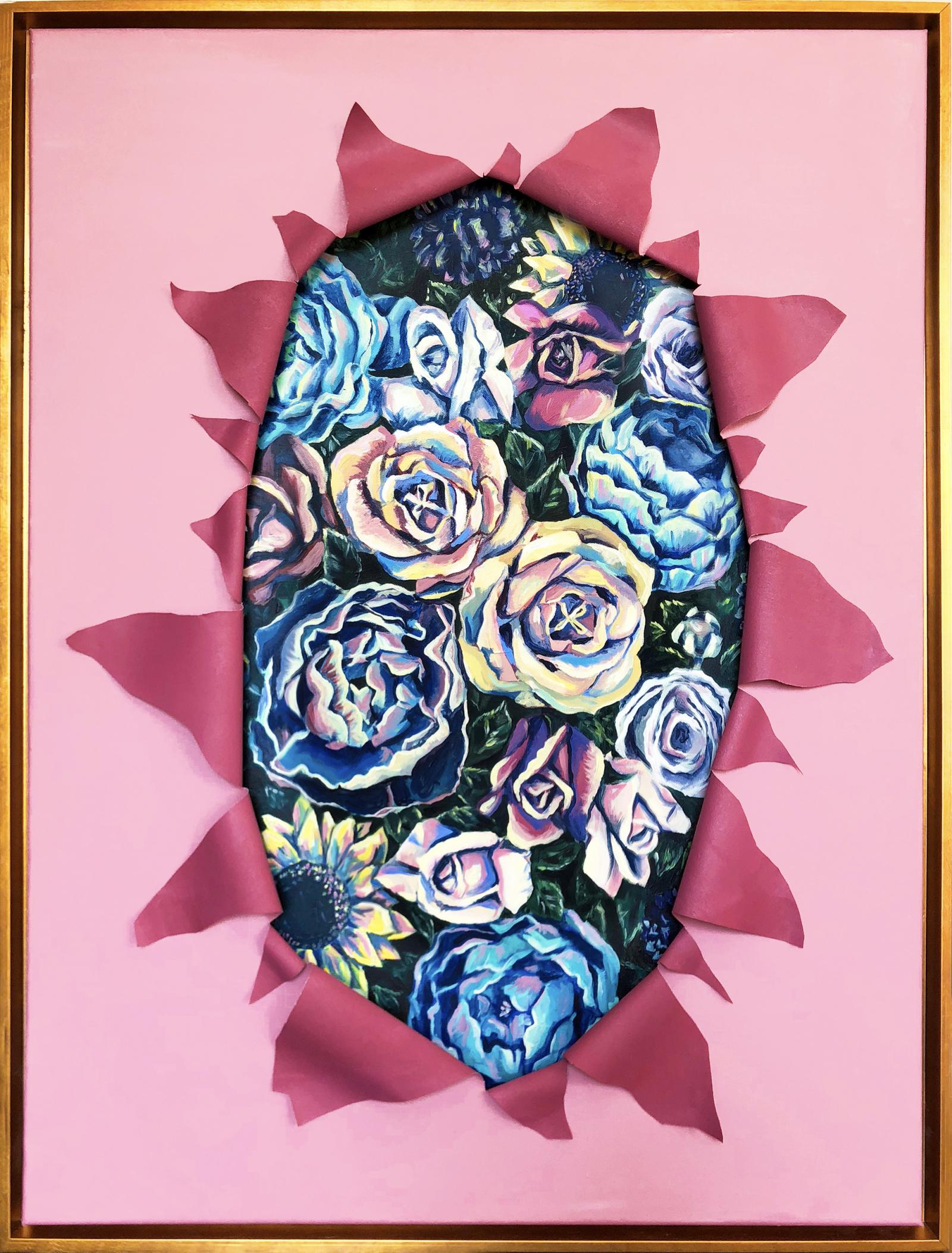 “See You on the Other Side” is an homage to the ones in my family that have departed. It represents their “rebirth”, the vision that they are indeed in a better place. The two canvases stuck together represent both worlds. The flowers that come through the maternal opening are reminiscent of the fake flowers left on their graves so they would never be the ones with a colorless home again.