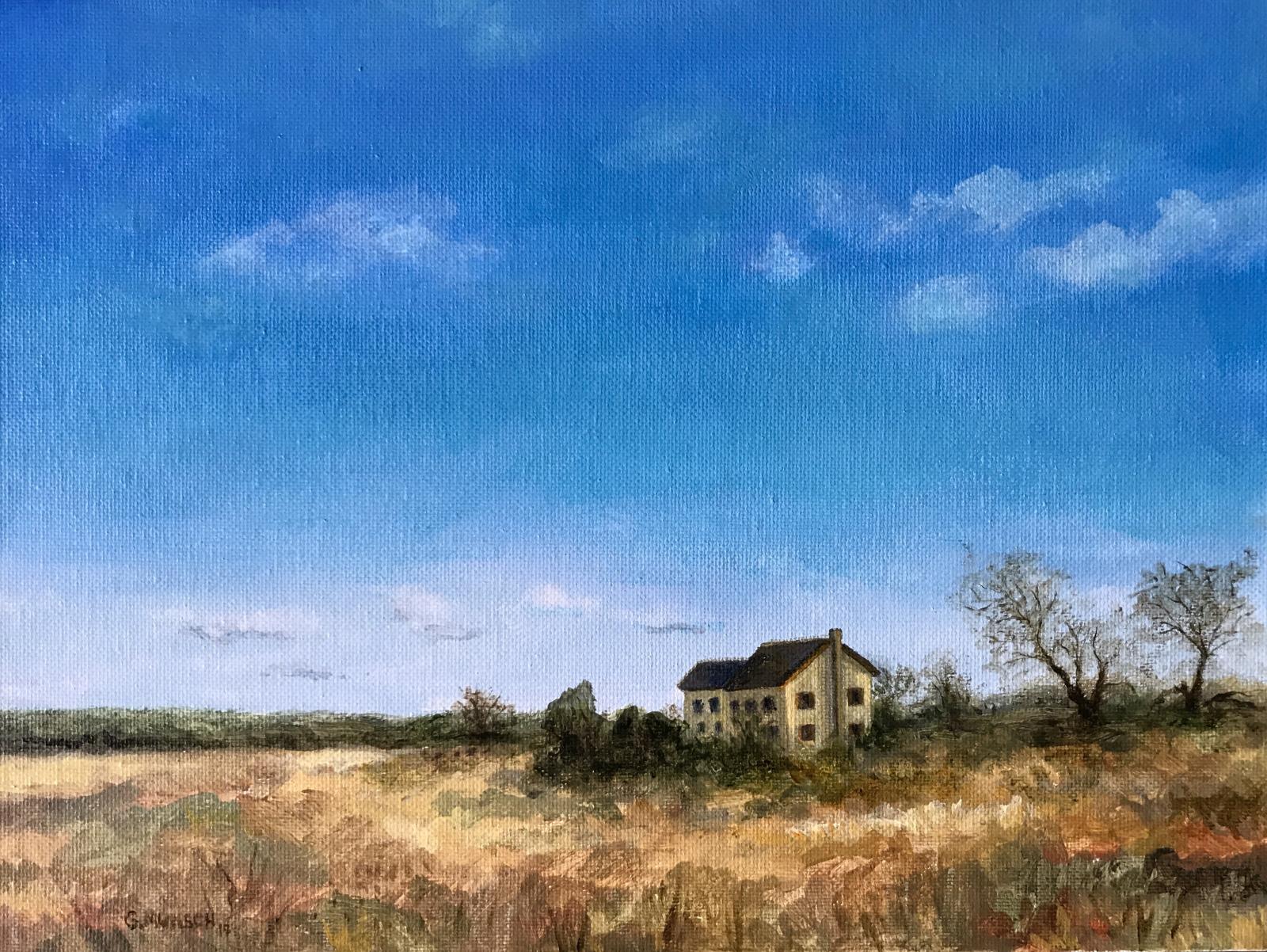A view across a farm field in winter at a stand of trees and an abandoned farmhouse with hills in the distance