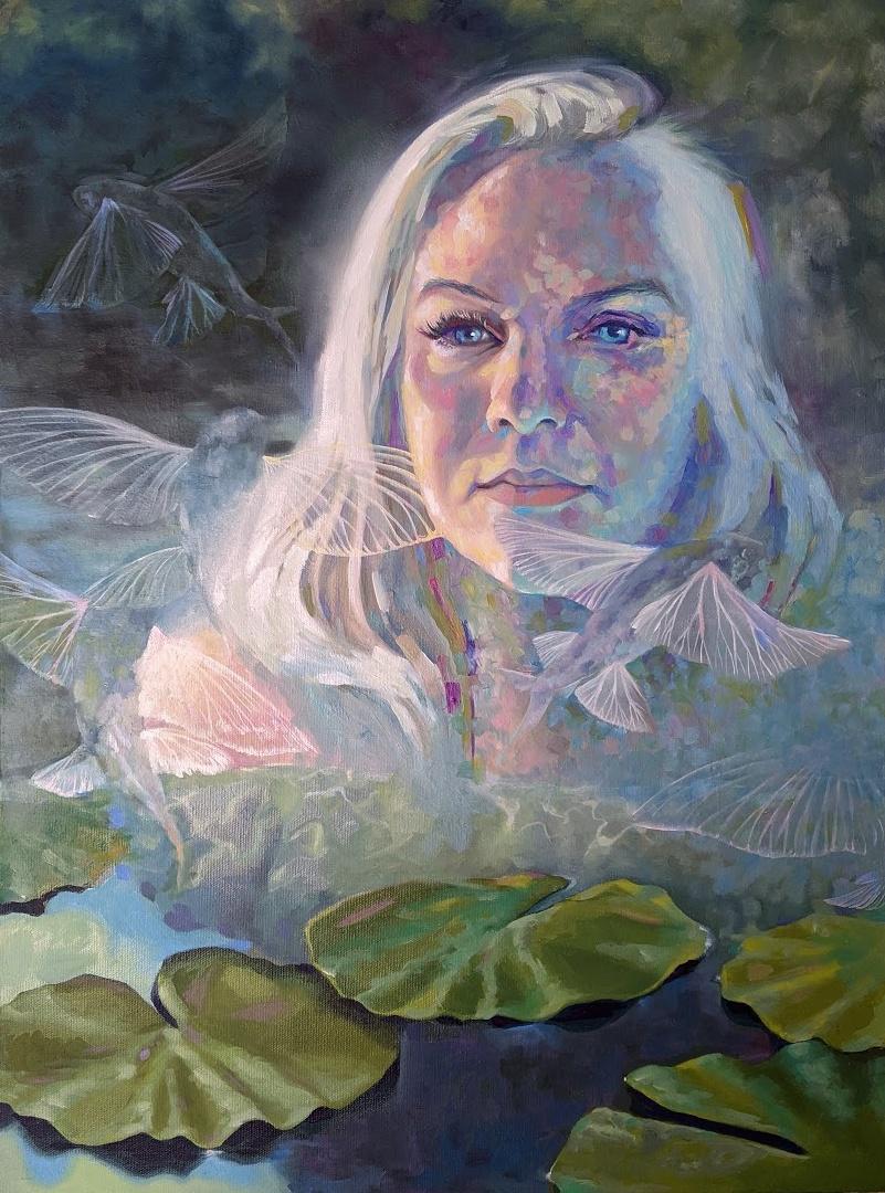 A portrait of a fellow artist and friend, depicted in the stillness of a lake with water lilies, surrounded with the chaos of flying fish. 