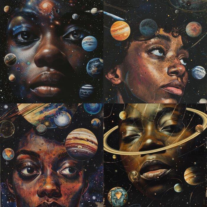 My interpretation of Spirit. A black woman's head in orbit, fixated on a singular planet but seemingly a little frustrated with it.