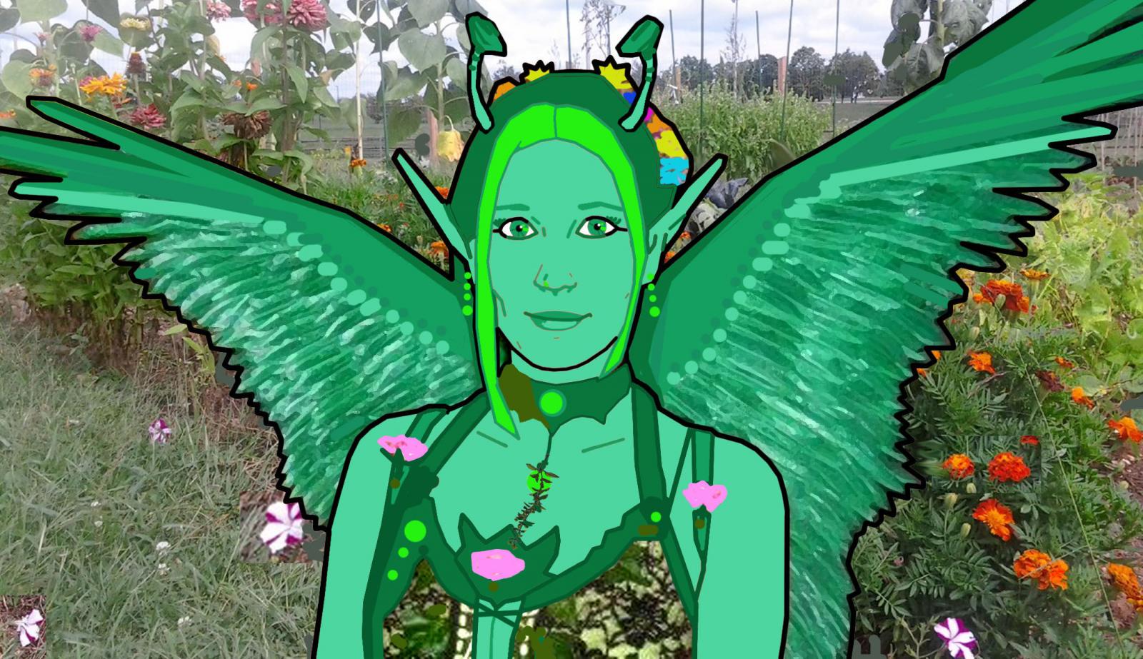 Montage of Frederick Community Garden background and model "Angel Pixie"; used on the cover of 'Wear a Sprig of Thyme' a book by Linda Rago