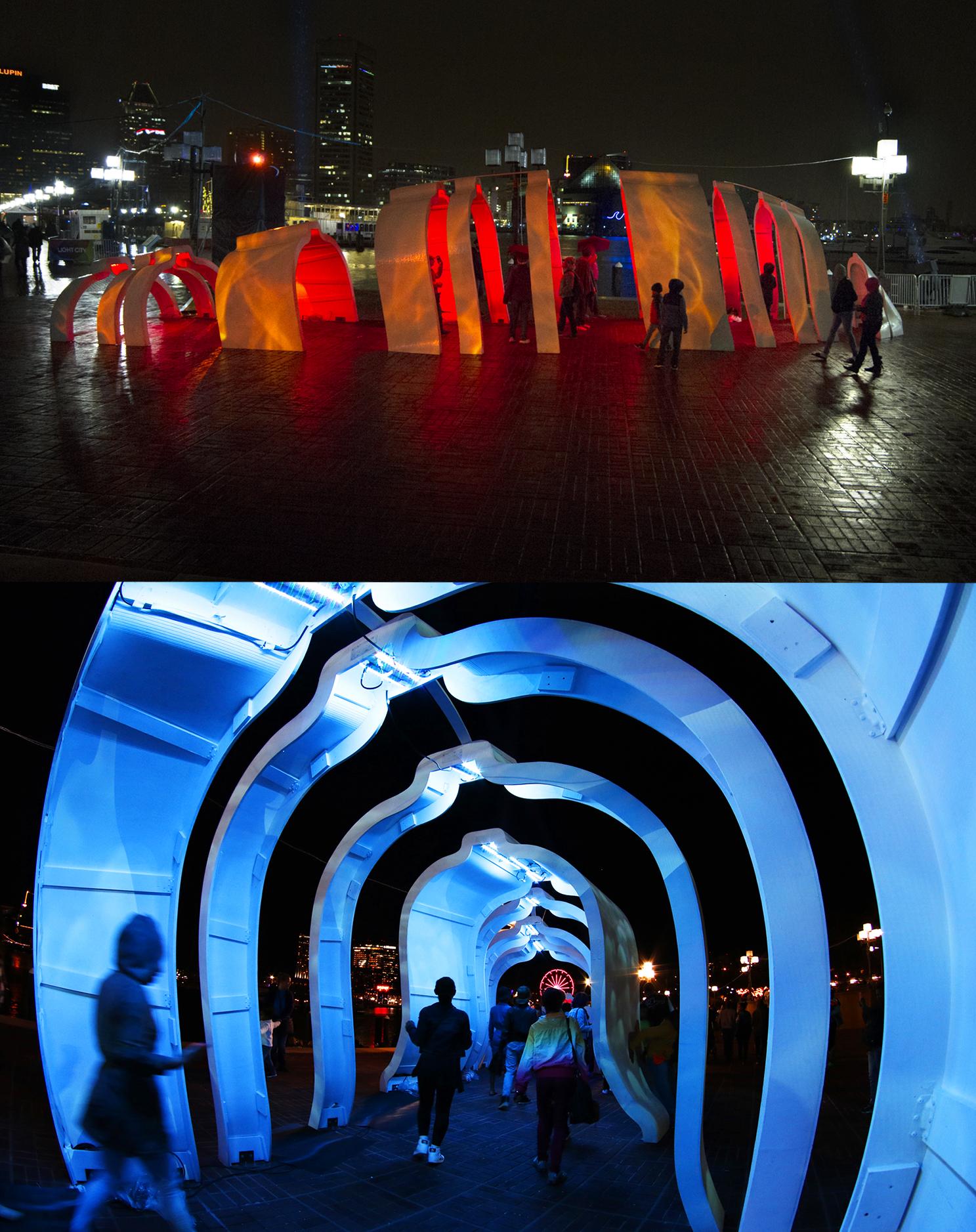 This immersive sculpture and video installation is inspired by the Greek myth, Jason and the Argonauts’ Quest for the Golden Fleece. The sculpture references the Argonauts’ ship, Argos, and the narrative for the video approximates the hero’s journey. Similar to the challenges Jason faced in order to accomplish his mission, the themes of the video are: the power and beauty of water, industrial pollution, storm water runoff, and agricultural water use. Projected on the exterior of the massive sculpture, the installation presents viewers with the regions’ changing water systems.

Video is projected on both sides while the interior is alive with a changing LED light sequence. In the bottom photo, members of the public move through Argo during the Light City Baltimore Festival. The top photo shows the exterior of the piece at a moment in the video which highlights explosions, one of the dangers of fracking and the oil and gas industry.

In effort to broaden the reach and underscore the concept of awareness and participation in advocacy for water health and quality, Argo included performances and workshops involving poets, musicians, performers, and the Maryland Science Center.

Argo was a collaboration between myself, Marian Ochoa, and Kirsten Walsh. The project was commissioned by the Baltimore Office of Promotion and Art.
