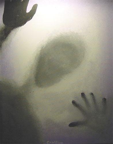 Acrylic with Glowing Paint. This concept was created using a sponge technique to form the shadow figure. Around its head is a hidden message that only shows visible when the lights are out. It reads, "All is but a dream within a dream..."