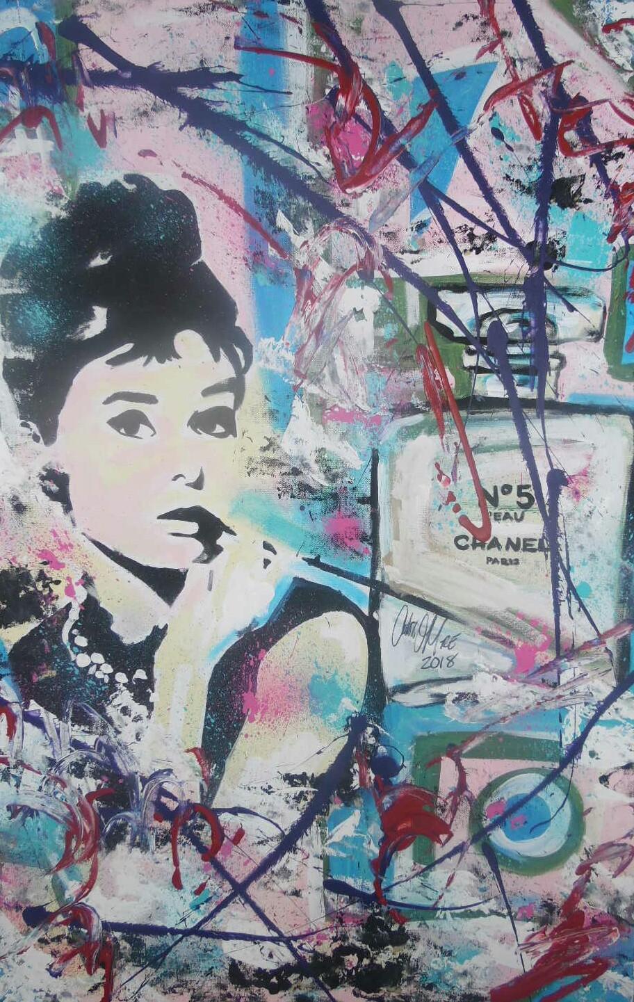 silhouette of Audrey Hepburn with Chanel No.5 perfume incorporated into the piece. contemporary style background.