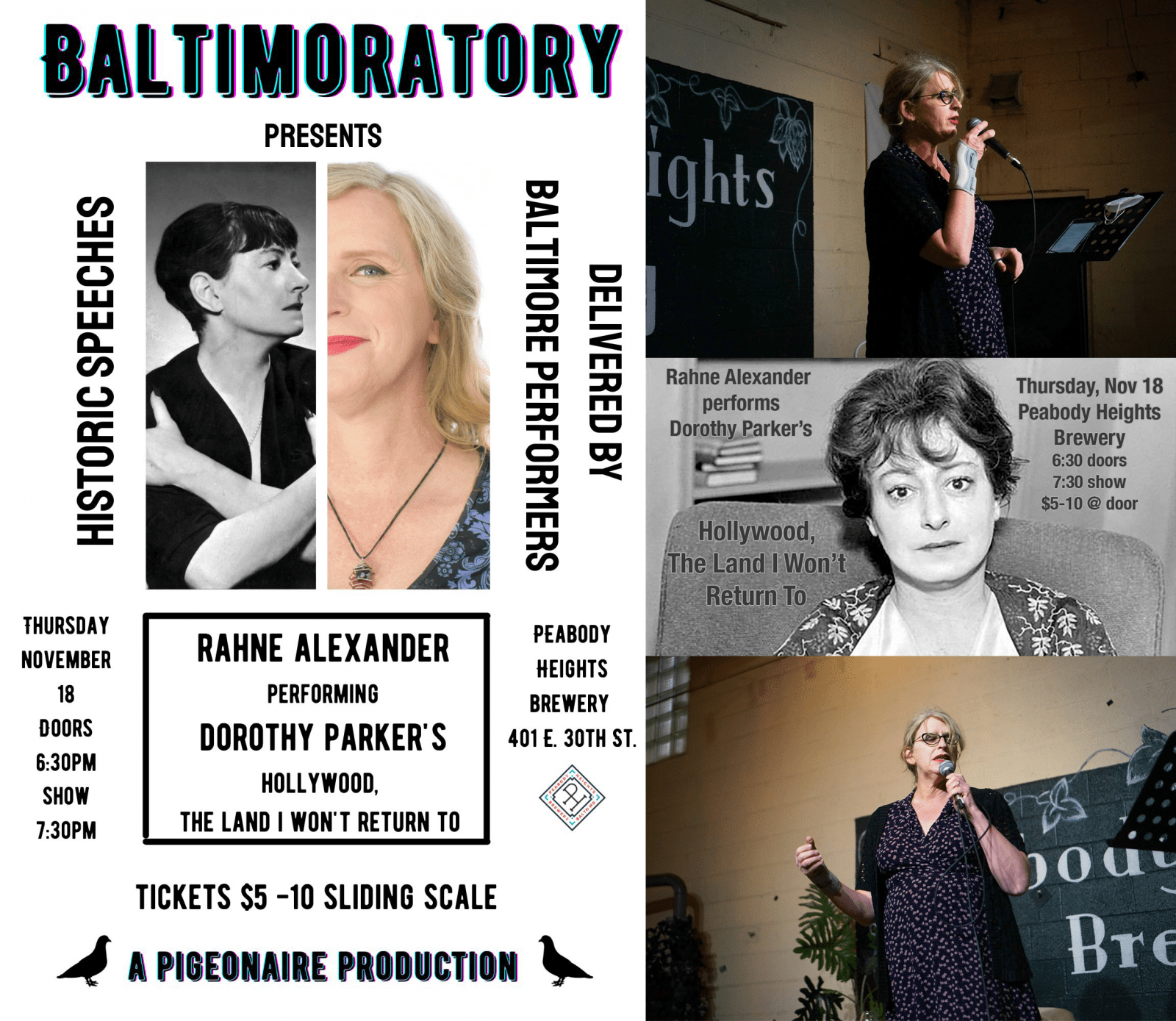 BALTIMORATORY is a performance series featuring historic speeches delivered by Baltimore performers. Curated by Lucia A. Treasure (Pigeonaire), BALTIMORATORY debuted in October 2021.
In November 2021, I performed at the second BALTIMORATORY, delivering Dorothy Parker's 1953 speech "Hollywood, the Land I Won't Return To," a witty and candid commentary which followed from her inclusion in the "Hollywood 10" during McCarthy's House Un-American Activity Committee trials.
Because the series permits interpretation, I chose to deliver the speech in the style of a standup comedy act. The performance -- my first non-musical live performance in nearly 2 years -- was well-received by a full house at Peabody Heights Brewery; a healing return to the stage.