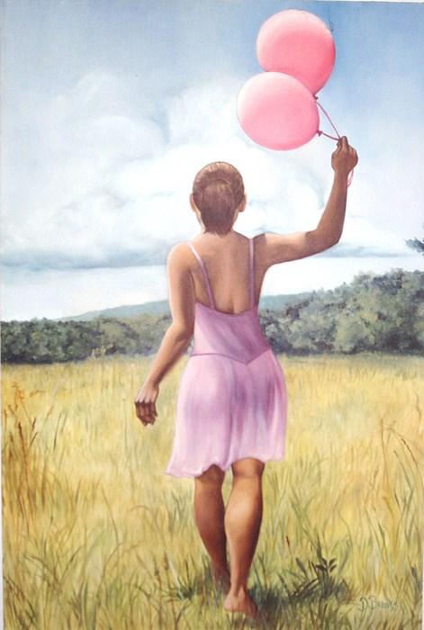 A girl walking through a field with balloons
