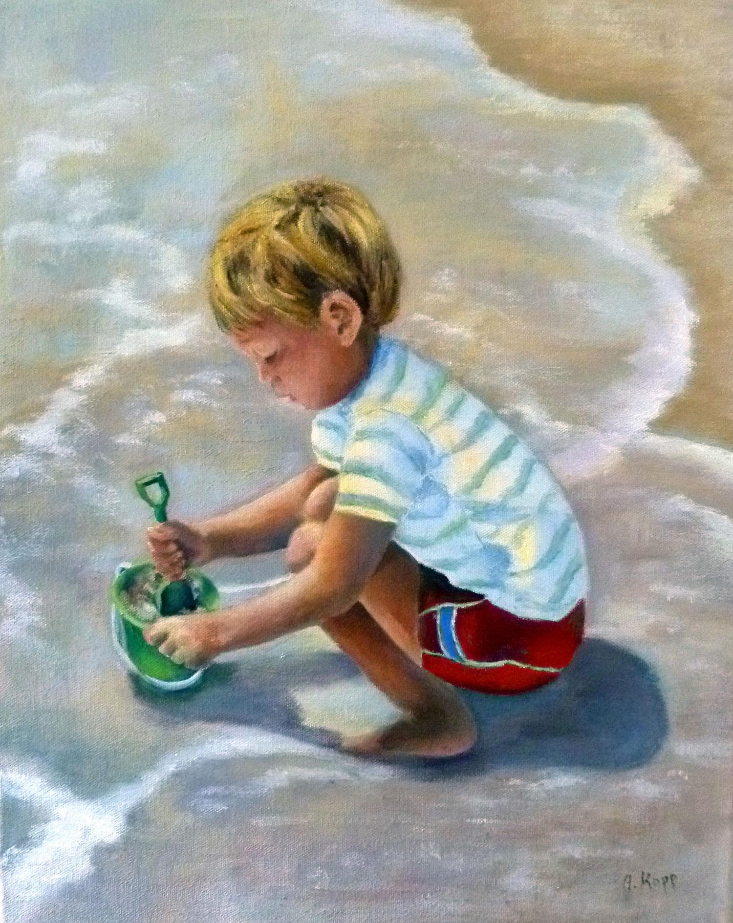 Beach Discovery is the portrait of a small boy discovering the treasures of the ocean as they land on the beach