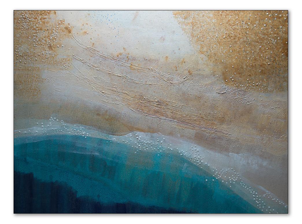 Patterns on an ocean beach -- the movement of waves, deposits of foam and shell, the marks make by sea life and wind. 