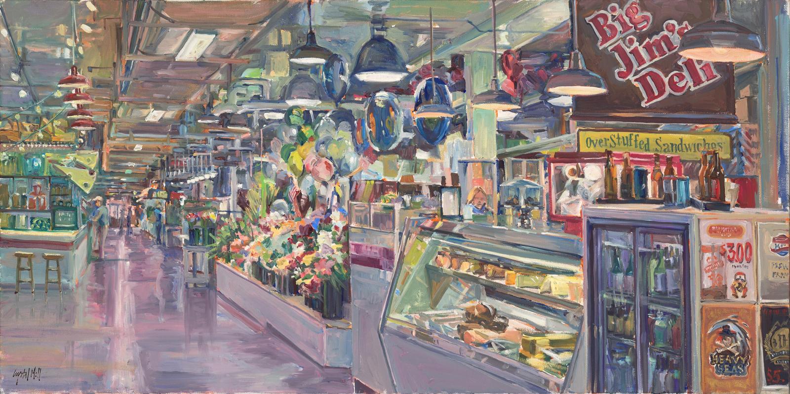 "Our Market" is an oil on canvas which was painted on location which was in the Cross Street Market before it was closed and remodeled. Yes things must change and the market had been neglected for years. Too bad so much of the old character had to go. As I worked on this piece, business by business closed down. Many a good times were spent here. This piece required several visits to complete.