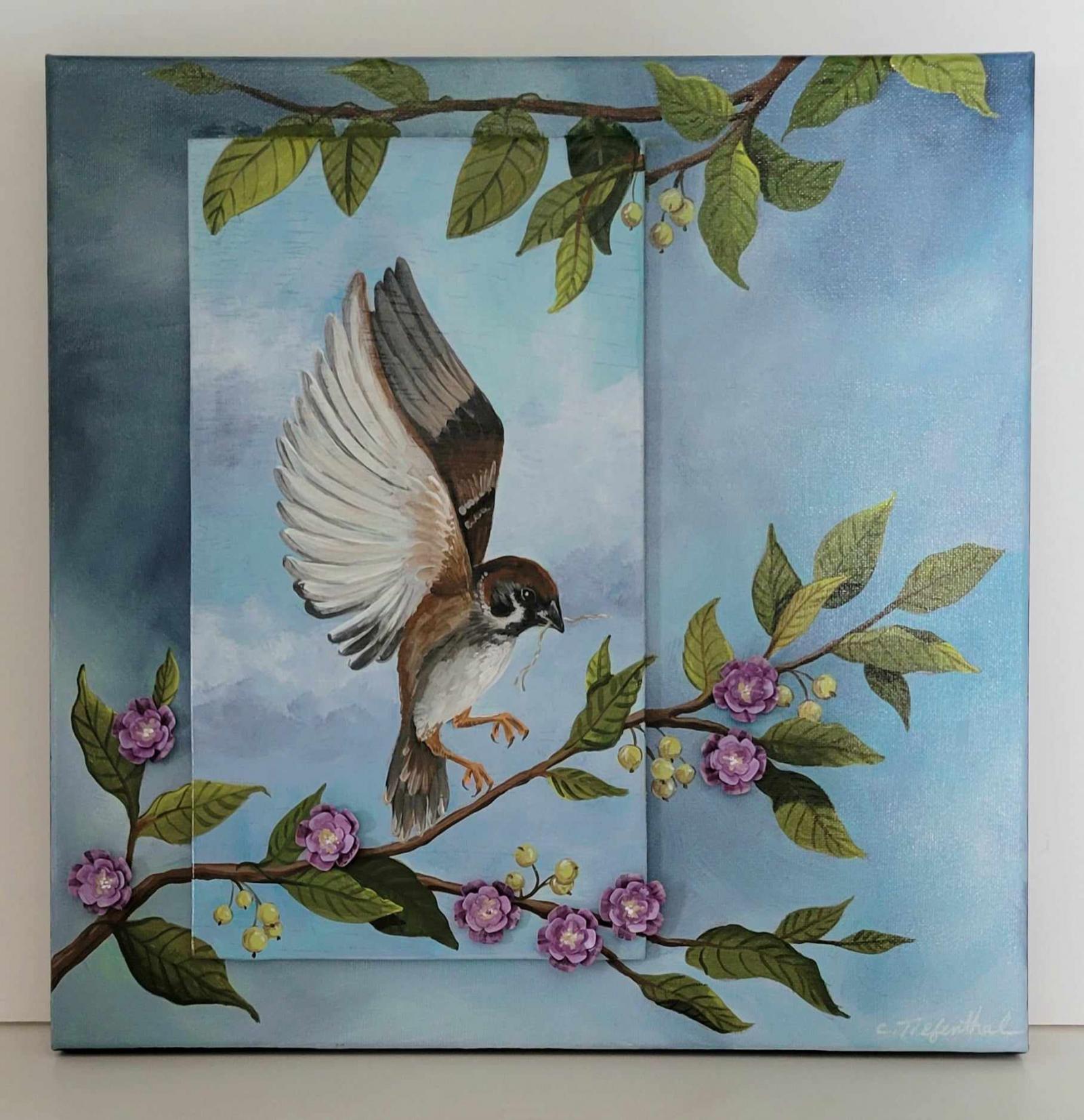 This acrylic painting on canvas has an attached wooden panel. The hinges used to attach the panel are canvas. The panel lifts to reveal an additional image of a nest and a poem about family.