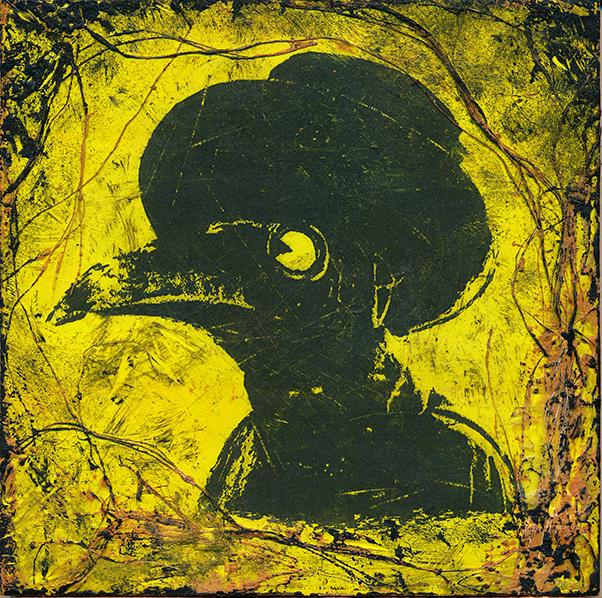 I created this in an encaustic wax workshop. The image is part of my Behind the Mask series on identity and perception. This ominous image is based on a common sight found during the bubonic plague in Italy. These bird masks were worn to protect doctors from being infected.