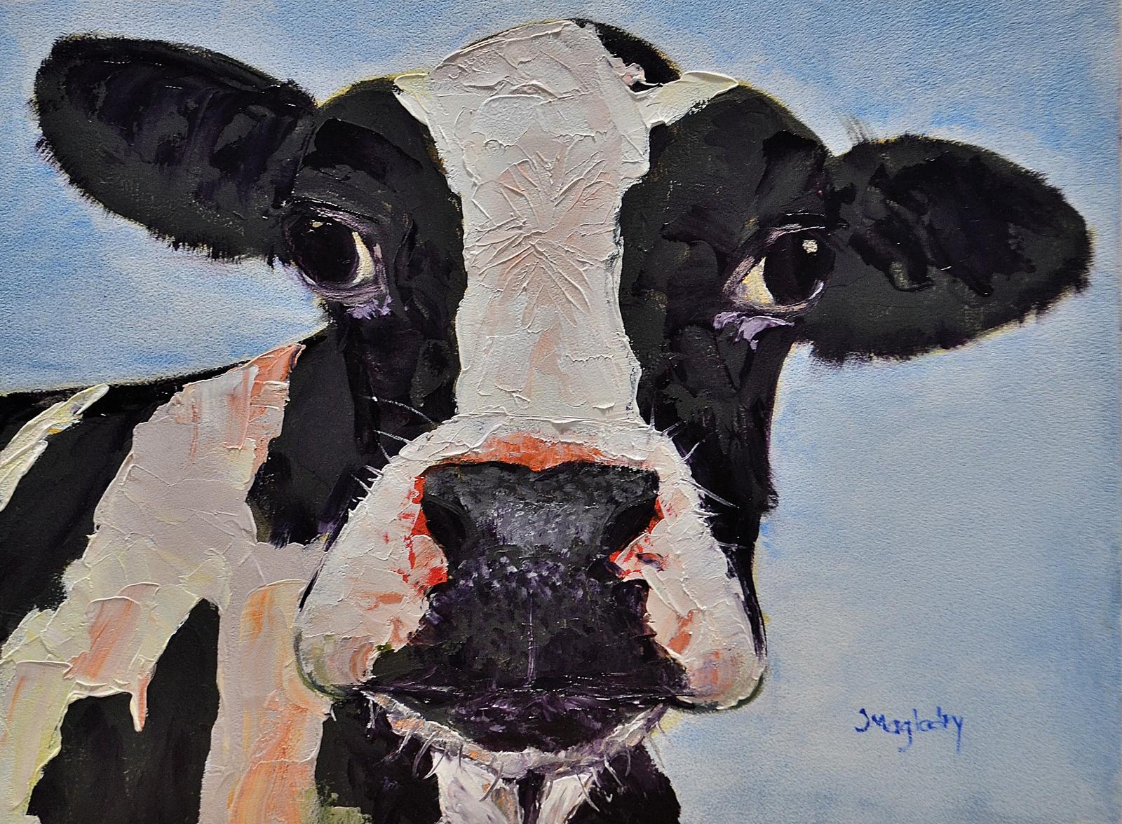 oil painting of a black and white cow. I love the eyes.
