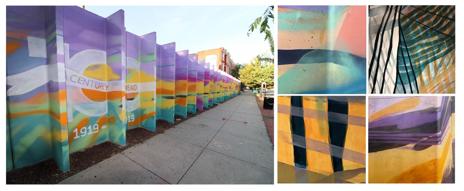 Bon Secours Centennial Mural- bright colors and abstracted pattern represents sunrise and sunset, as you walk past in different directions.