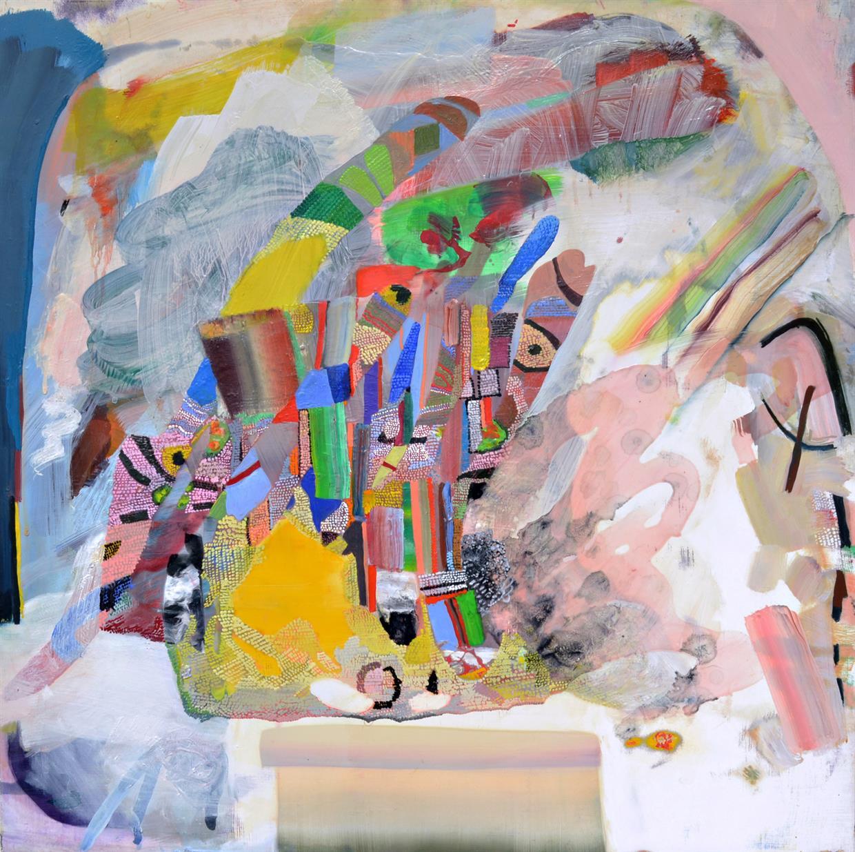 This is an oil painting on panel using mediums Liquin and Galkyd. I often sand away sections with an orbital sander to open up spaces and re- work areas.