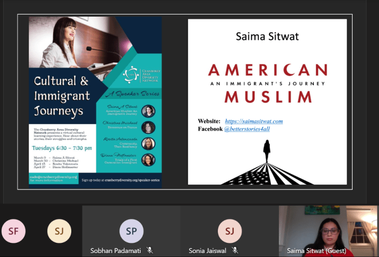 I was a speaker for one of the 90-minute-sessions at the Speaker's Series: Cultural and Immigrant Journeys, hosted by Cranberry Area Diversity Network in Cranberry, PA. I talked about my memoir, "American Muslim: An Immigrant Journey," and the nuances of making home. 