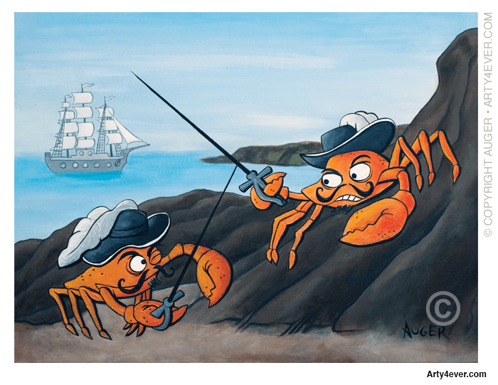 This unique painting depicts two swashbuckling crabs swordfighting using the Capoferro technique (with a tip of the hat to The Princess Bride).