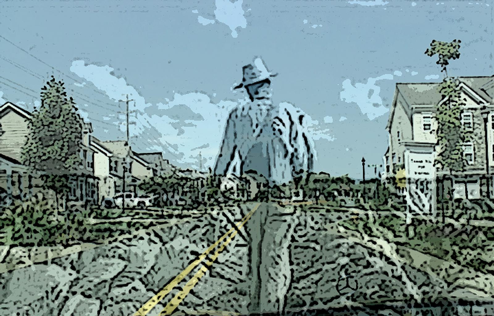 digital photomontage of a 1930's farmer ghosted into a contemporary residential subdivision