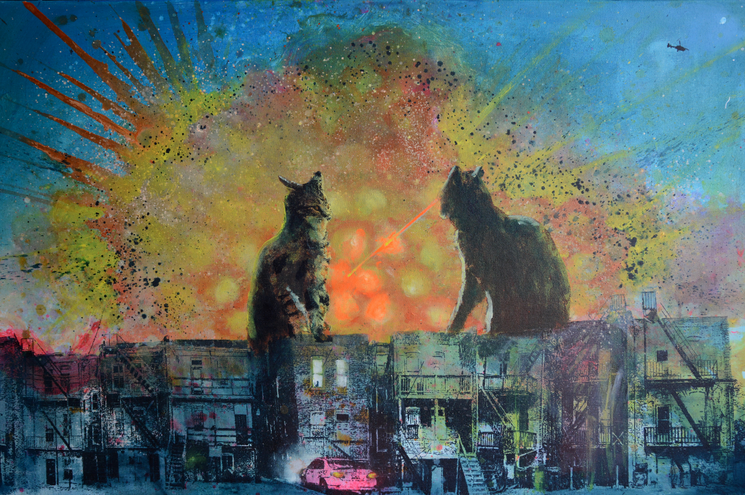 A painting of two giant cats fighting
