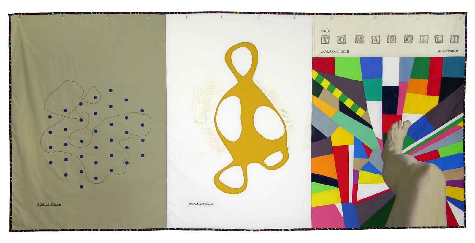 After Polke, Shapiro, Tomaselli; 2015, inkjet (pigment), crayon, hand and machine embroidered, hand appliqué, cotton and blend