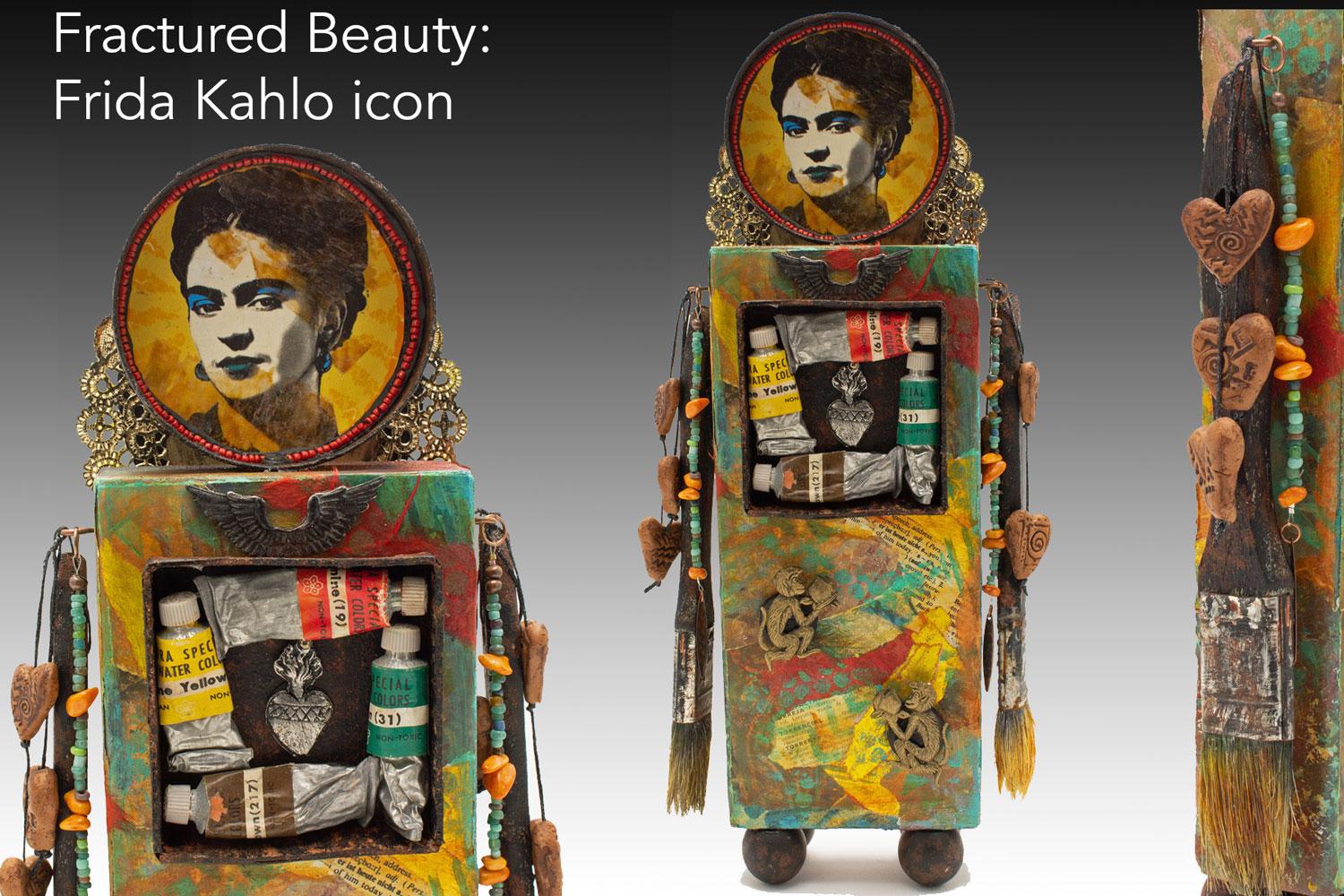 Mixed media icon of Frieda Kahlo with altered papers, found objects, beads (some handmade) and acrylic paint.  This hangs or stands on its own "feet".