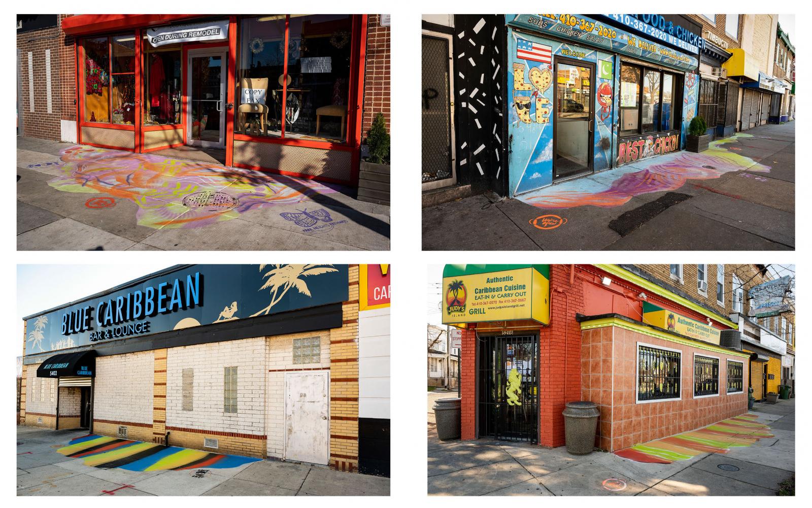 11 horizontal murals outside of small businesses on Park Heights Ave. through a city initiative called Design for Distancing --- Developed in the summer of 2020 in response to COVID-19 and the challenges faced by local businesses, the Design for Distancing program called on Baltimore’s world class design and public health communities to develop innovative approaches to safe, physically distant gathering.