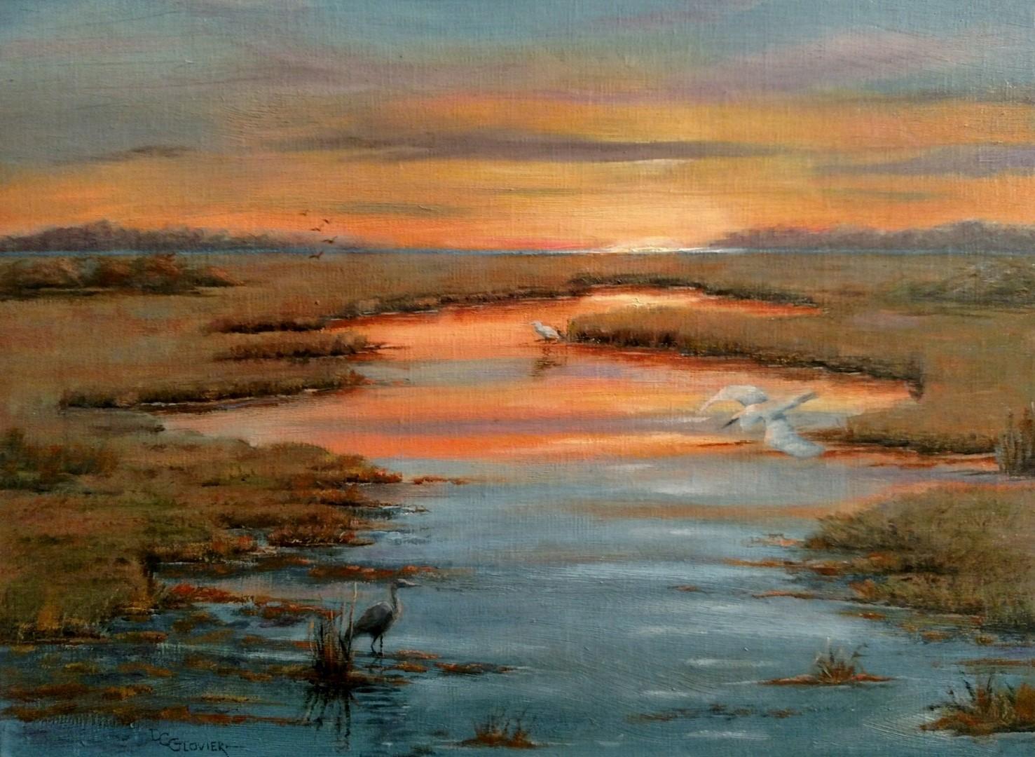 Oil painting depicting the sun setting on the marsh & wildlife at Assateague Island
