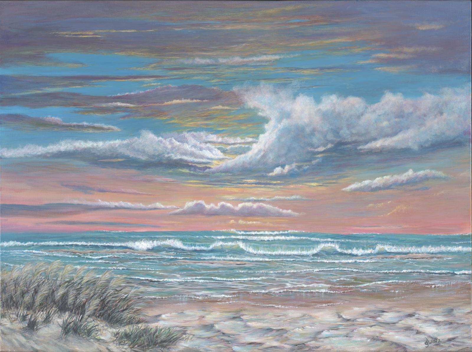 A colorful yet soft painting of Assateague Island. Waves, an evening sky and sandbar revealed at low tide.