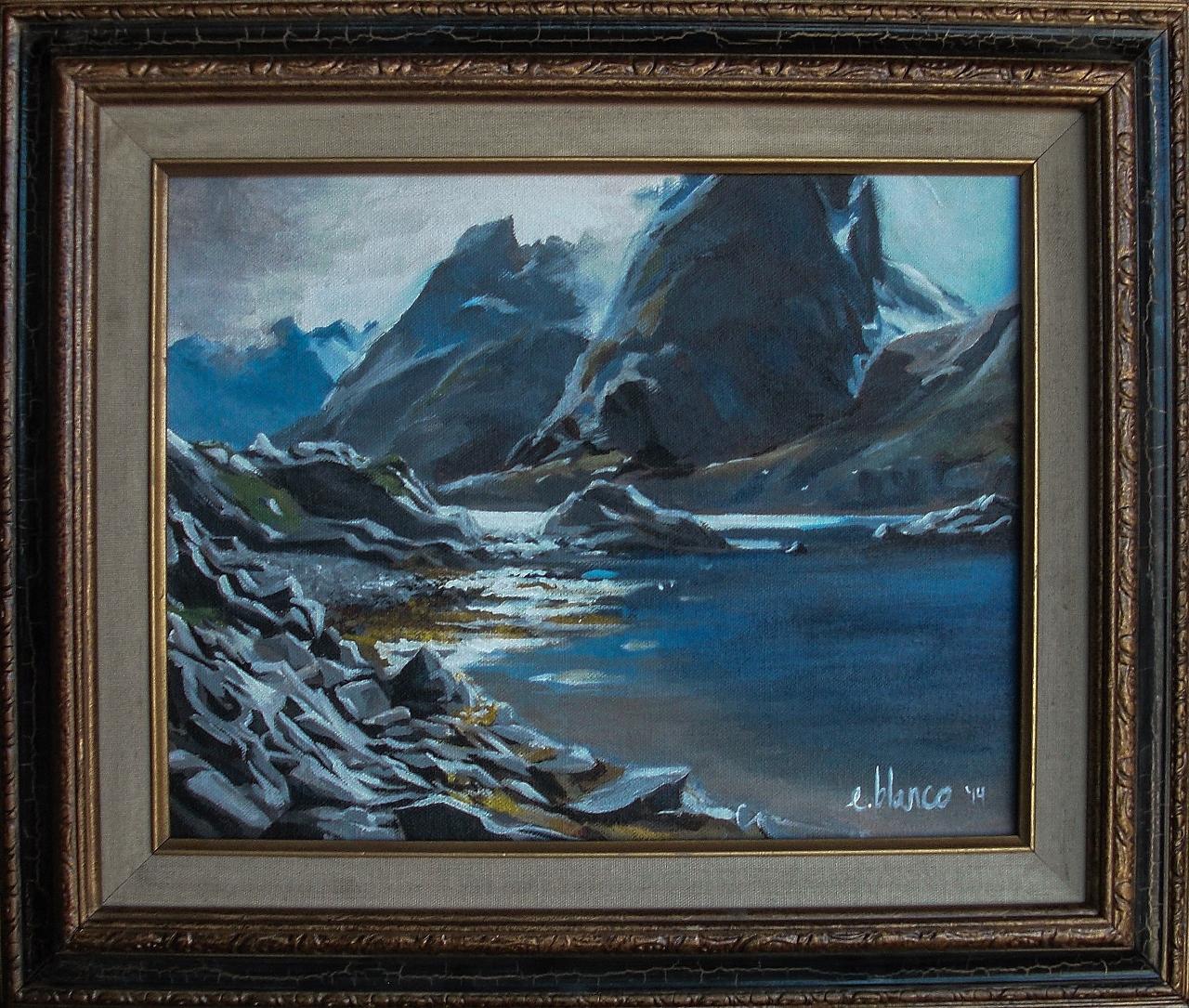 A landscape in acrylic, "A Rocky Beach" participated in the Small Works Show juried by Carlos de Villasante at Prince Gallery in December 2014.