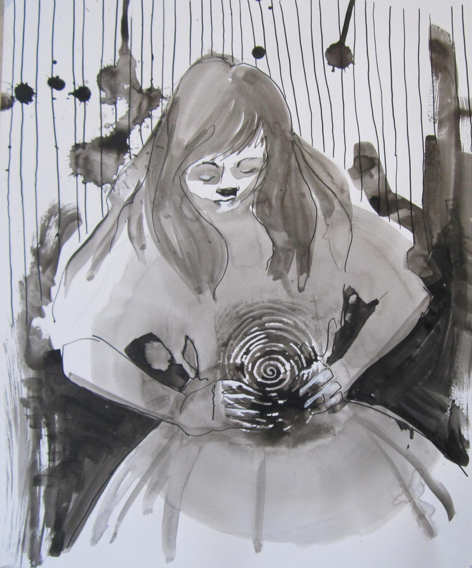 Woman holding her waist with a spiral at her middle