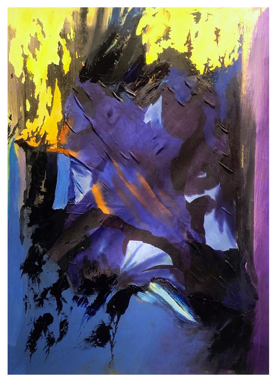This a mixed media piece that employs layering, tearing, and reconstruction as part of the creative proces. The viewer is left to imagine what this piece is about as it has suggestions in its colored, texture and space that could take one in many different directions.