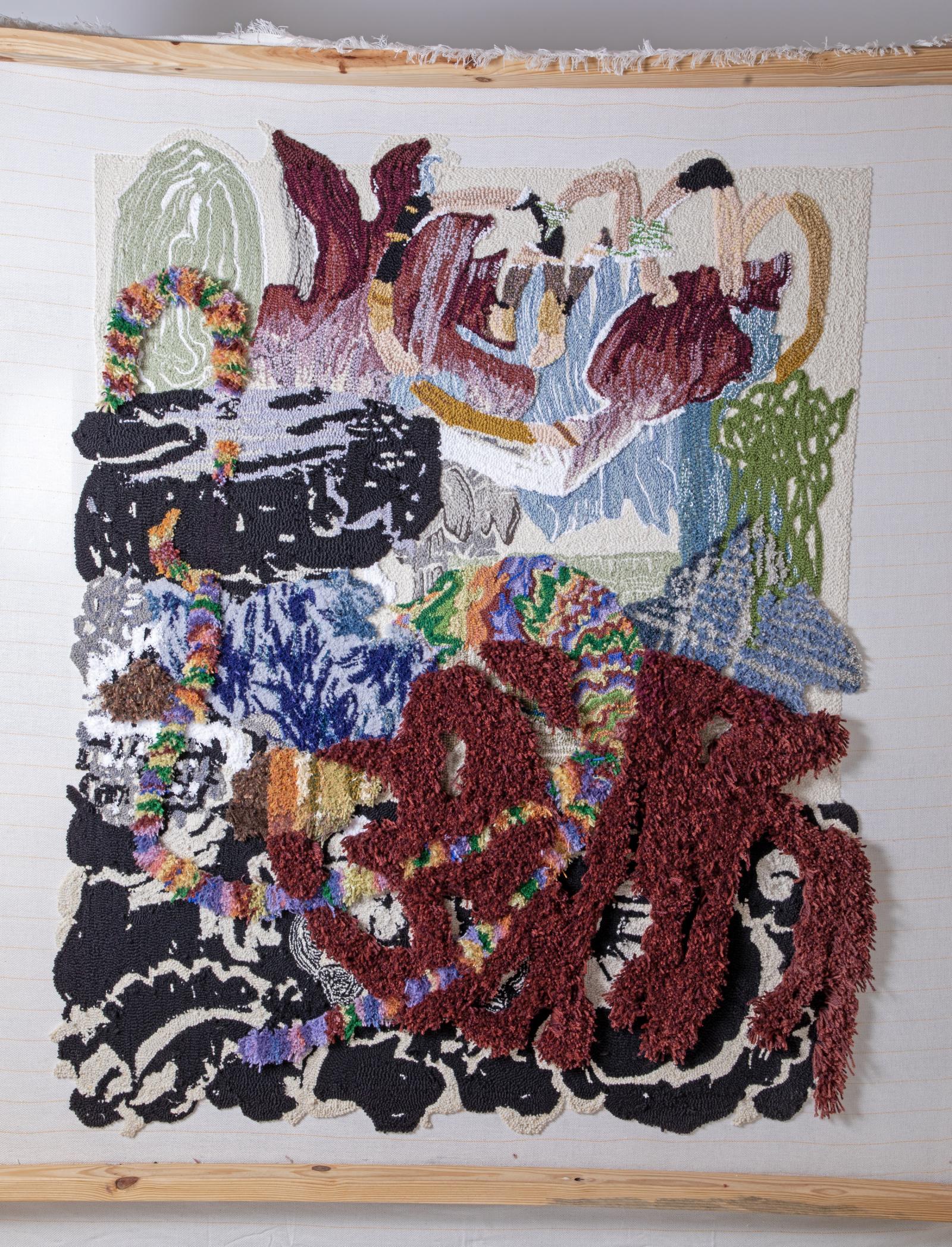 Rug tufted Painting on cloth with reverse punch needle