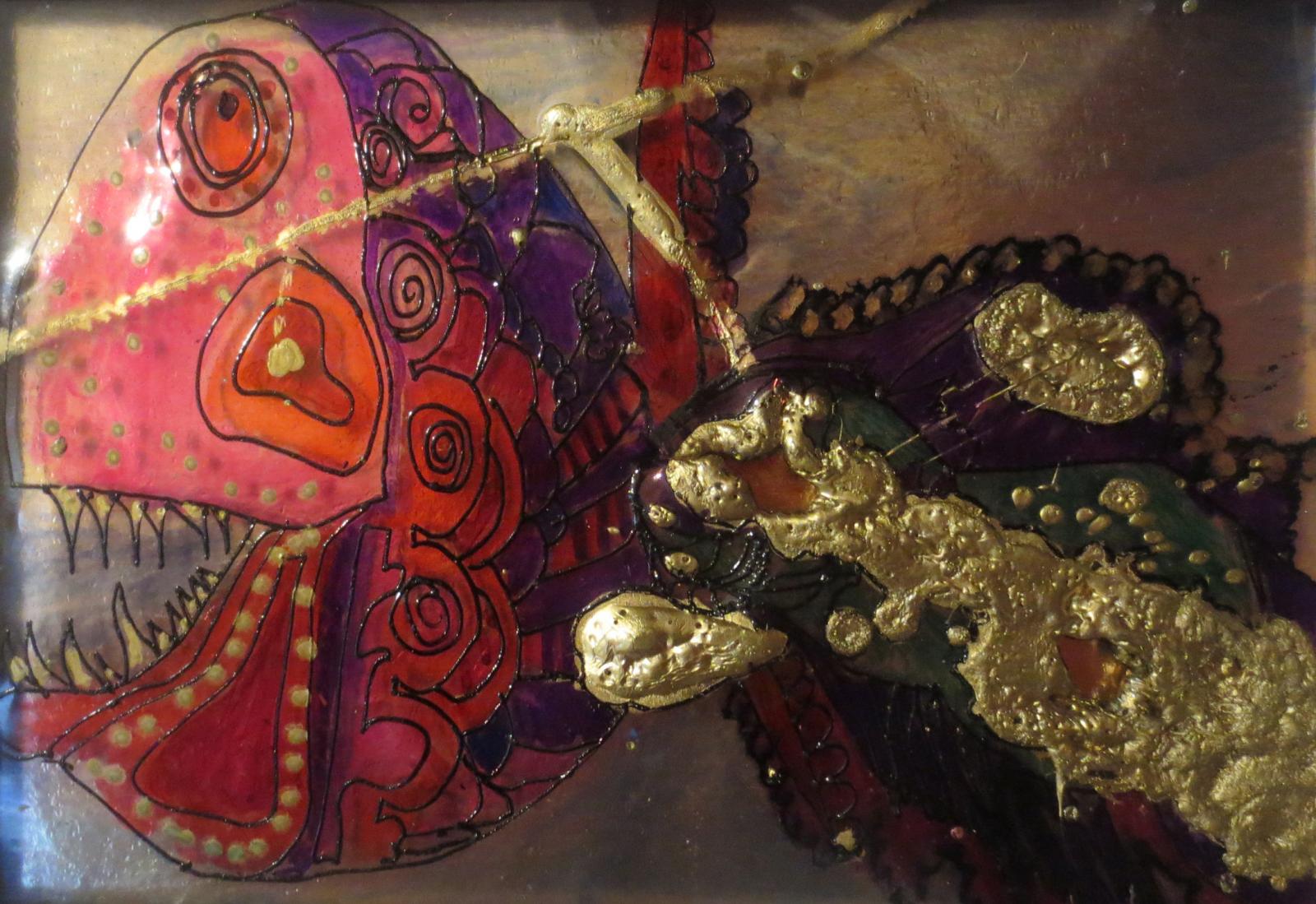 Miniature (approx. 3,75 (w) by 3.27 (l). Oil based inks and gold paint on graphix.