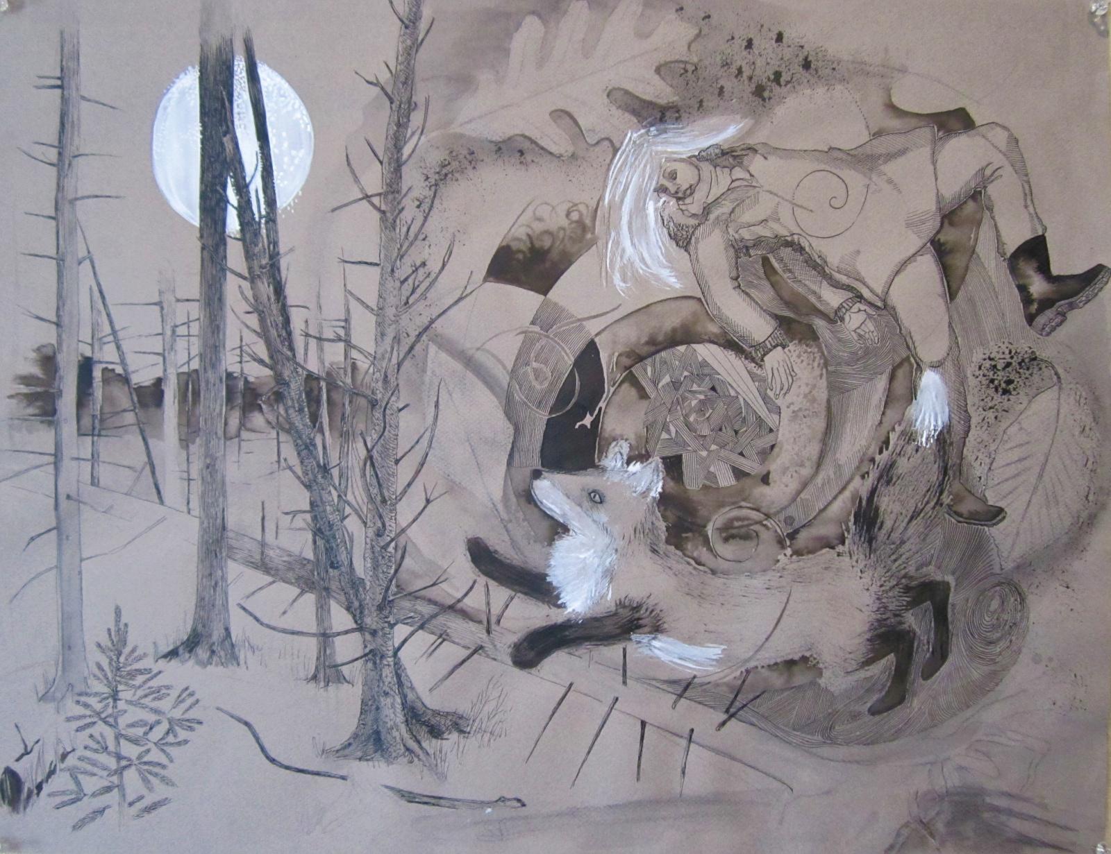 Woods at night with fox and a woman in a dream spiral