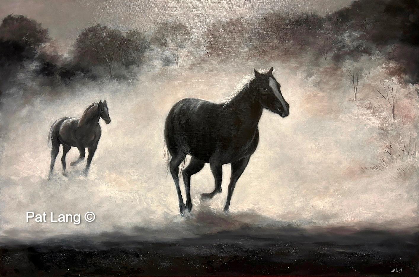 Oil painting of two horses galloping freely in the morning mist.