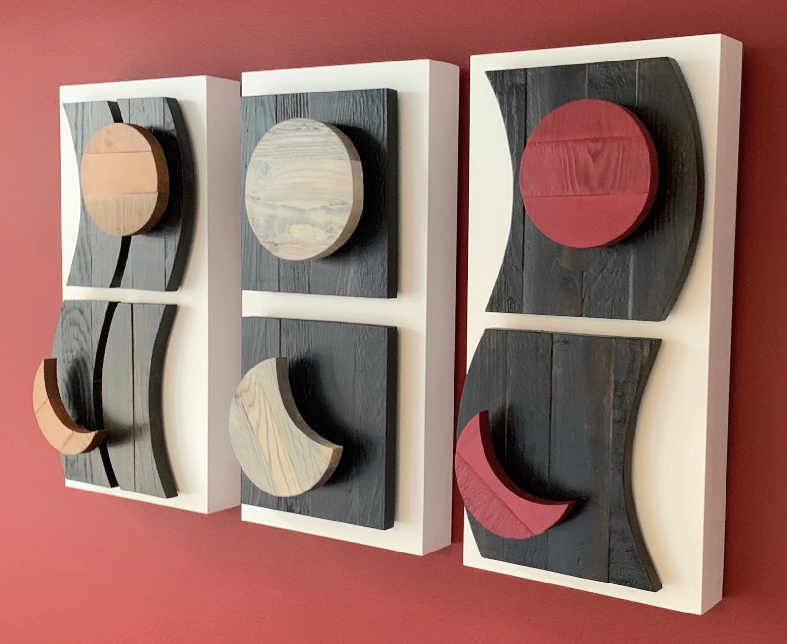 Phases is a triptych wall panel sculpture that explores the ephemeral nature of the cosmos, light and time.