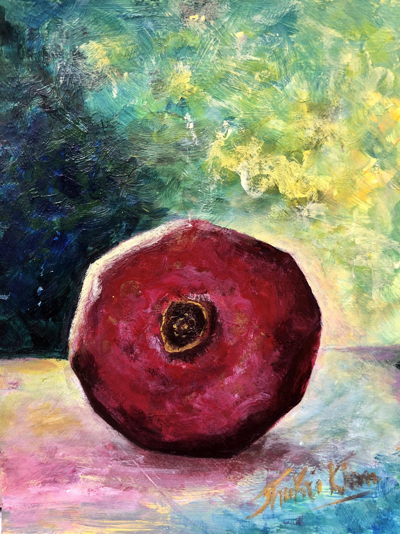 Pomegranate painting done in acrylics on paper.
