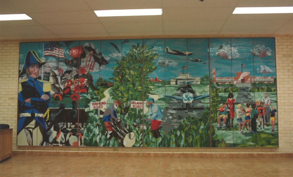 Historic Perspective of Erdman Ave and Pulaski Highway area. 60 fused glass tiles grouted onto the wall at Armistead Gardens Elementary School.