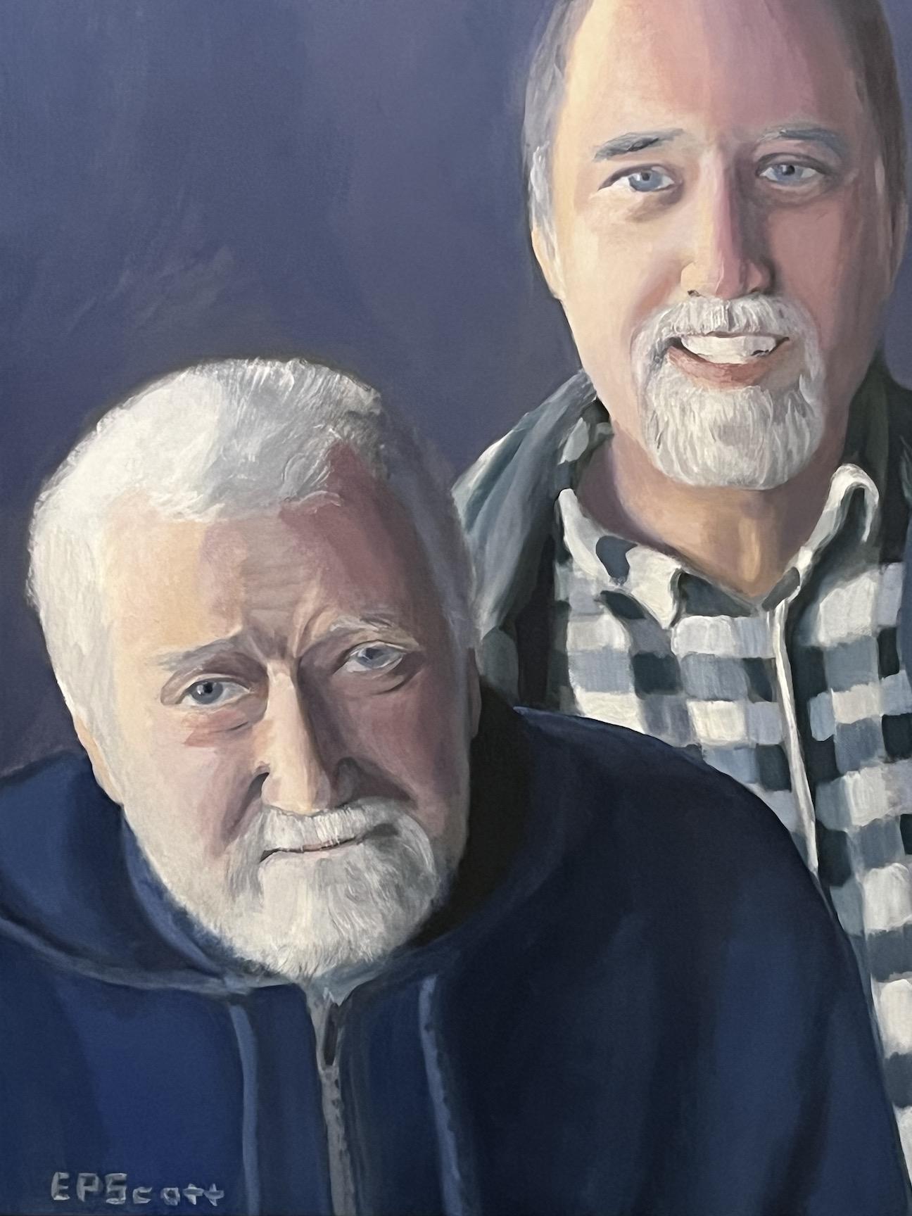 Painting of my birthfather and me circa 2016.  I had found him the year prior, and we had taken a paternity test to prove that I had found the right guy.  I was happy I had found him but regretted it had taken me so long to work up the nerve.  My birthmother had told me his name.  She had not kept it a secret from me.  Meeting my birthfather was surreal. He passed away after 2 and a half years of knowing him.  It still feels like it was all a dream.