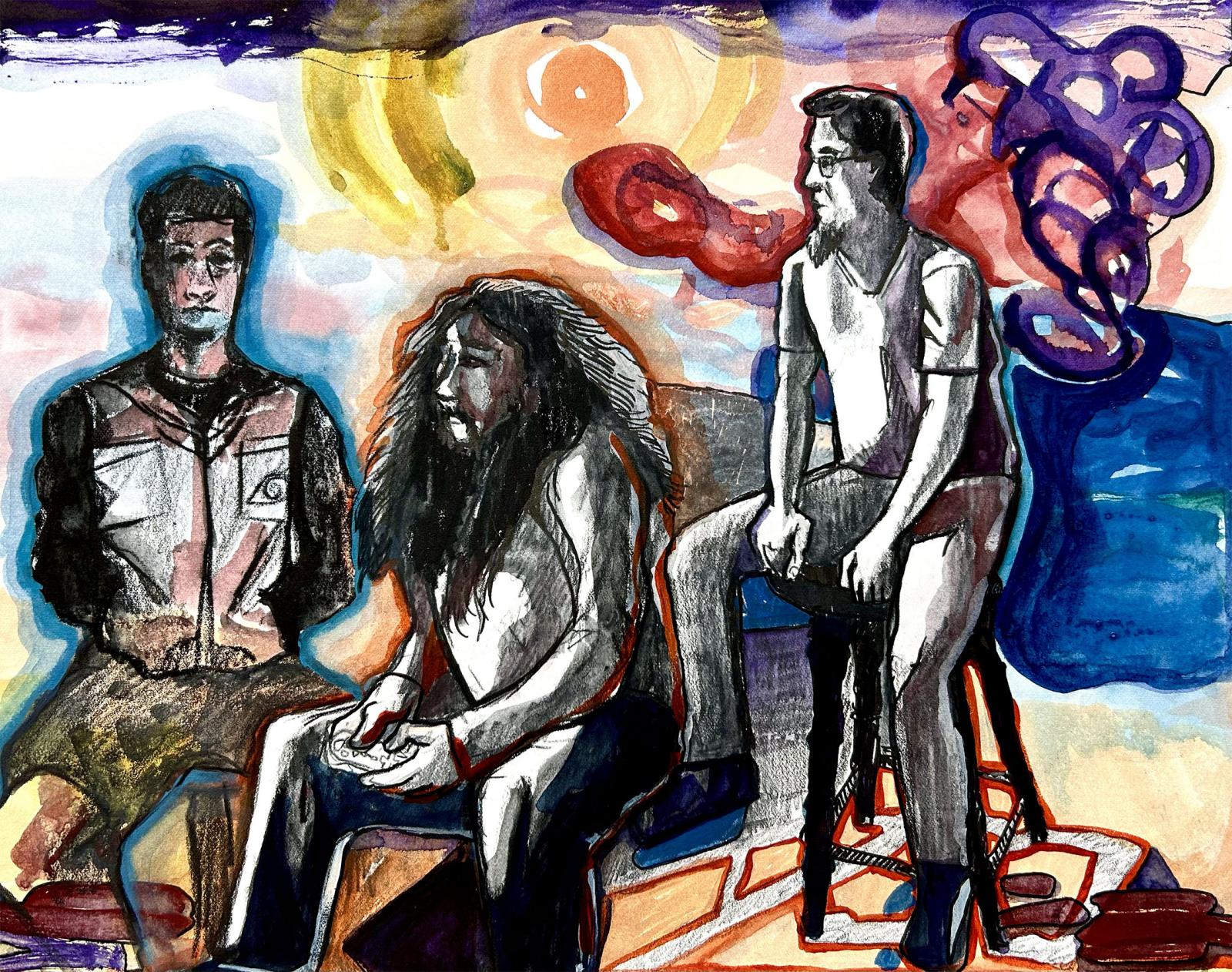 Collage of figures resting in a landscape.