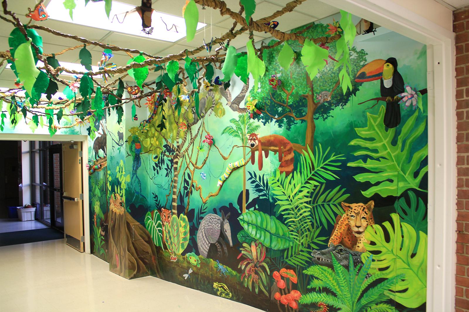 Hallway mural installation with the 5th-grade team at Harford Day School to investigate the different layers of the Rainforest. 