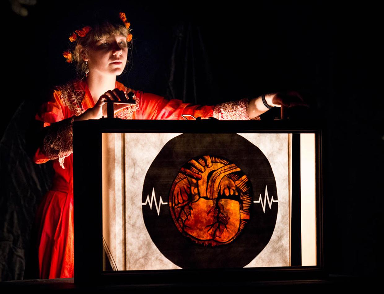 Heart Splinters is a scrolling shadow play or "crankie" based on a dream about the heart of the world breaking and slowly rebuilding itself. Written, produced, and performed byapplicant.