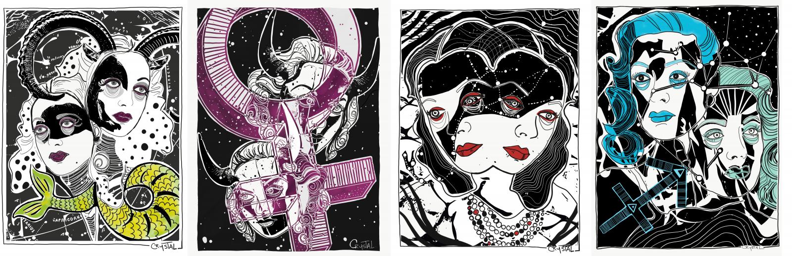 a few drawings from an illustrated horoscope series.