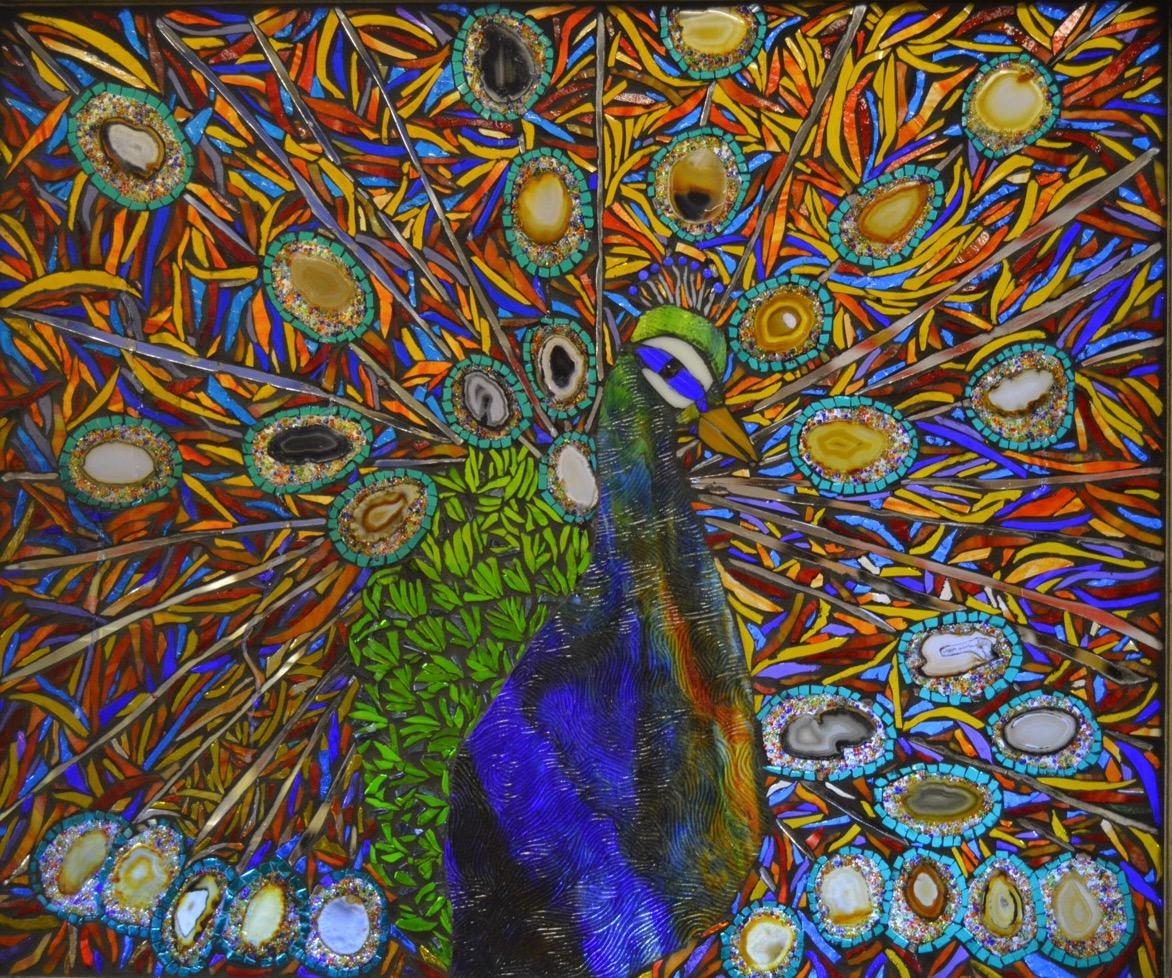 Mosaic peacock using stained glass and mirror on vintage window