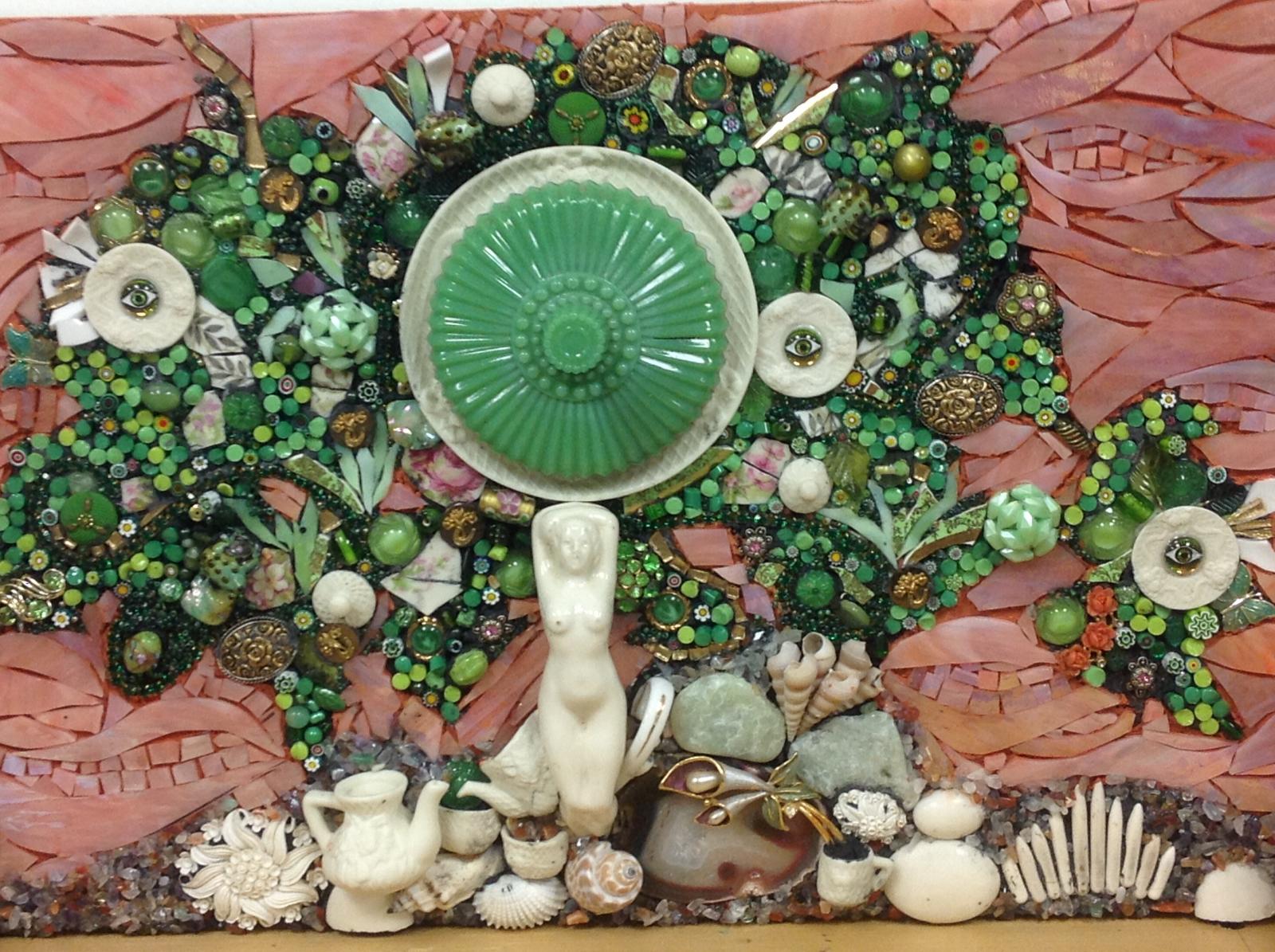 Multimedia mosaic tree featuring broken pottery, jewelry, glass rods, beads, stained glass and found objects.
"A tree says: a kernel is hidden in me, a spark, a thought, I am life from eternal life." Herman Hesse