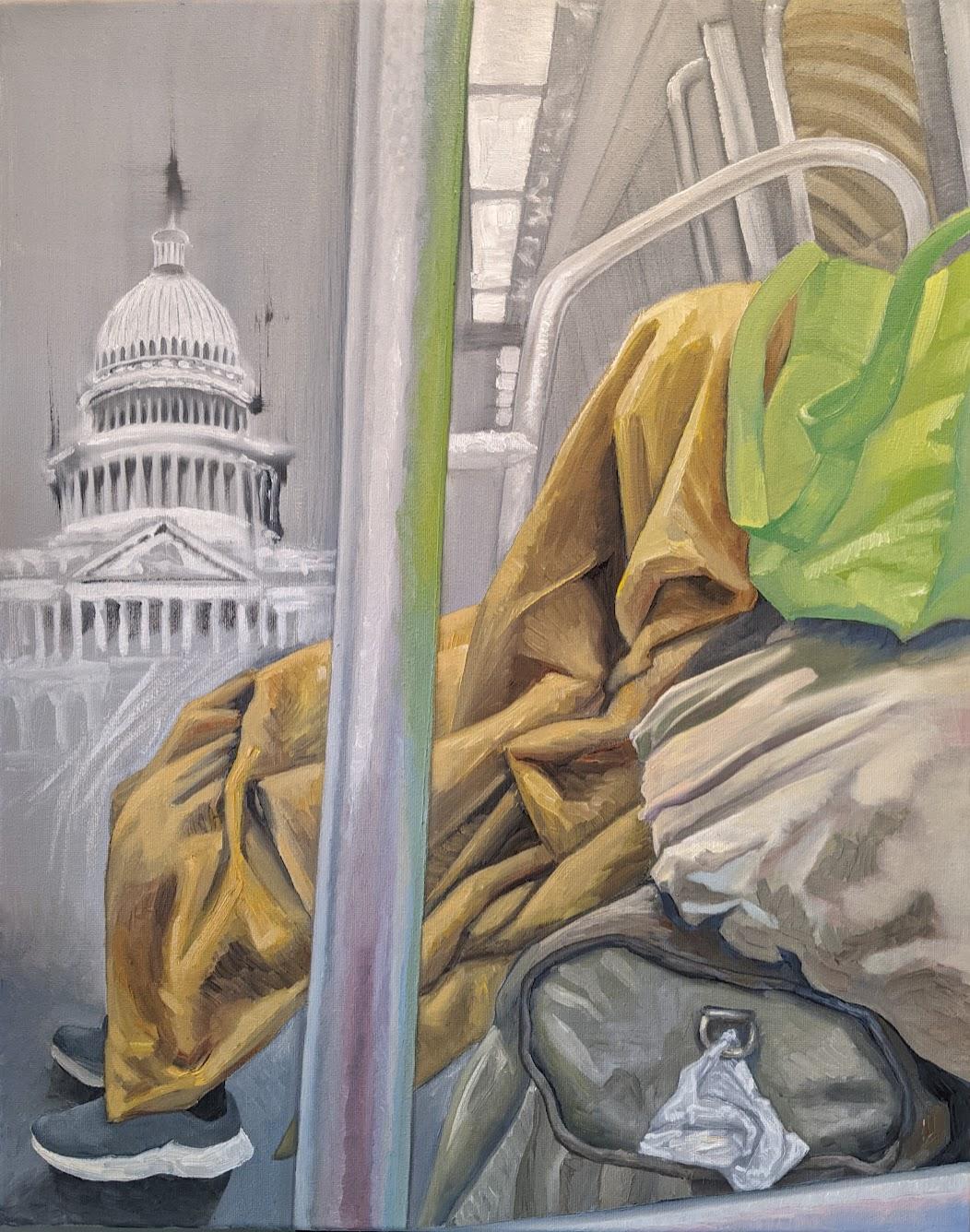 A homeless person riding the DC metro with the capitol building beside him. 