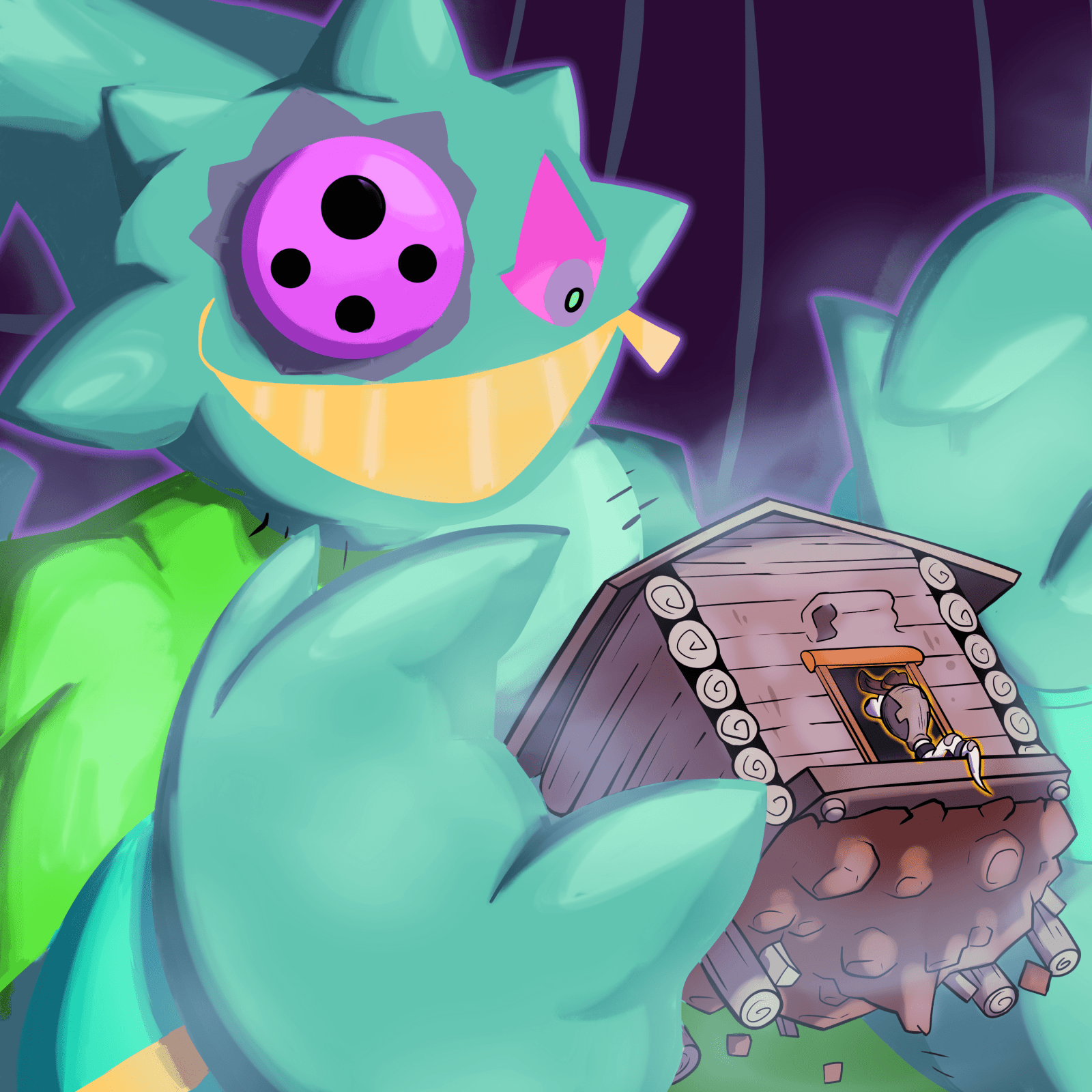 This piece features a different, more lineless style that I do. It also features two characters of mine that I use for various personal storytelling/art pieces. A large, green ghostly figure looming over and manipulating a log cabin that my snake fella is making his way into.